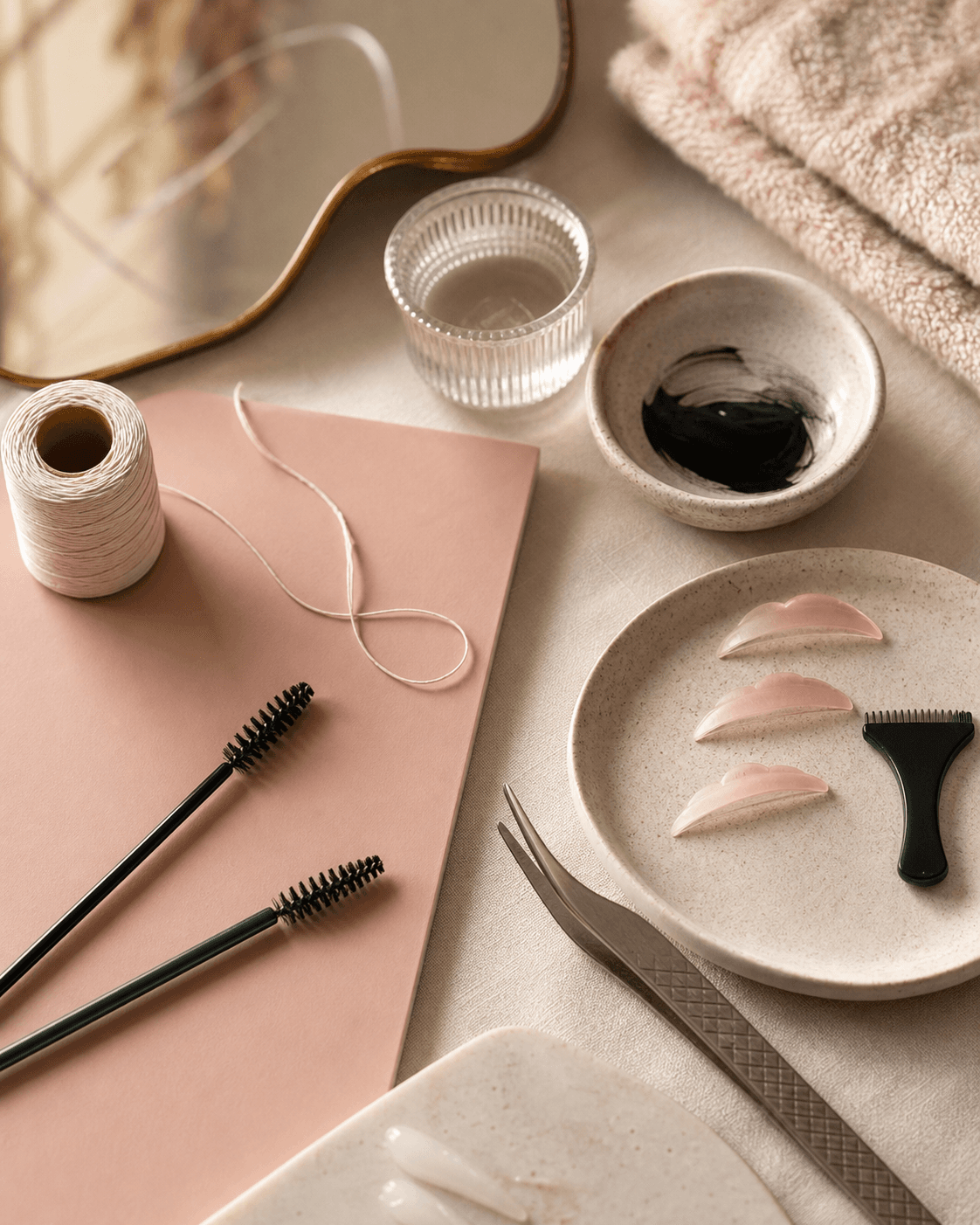 Temporary editorial still life with brow and lash tools on a warm linen surface